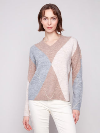 Charlie B V-Neck Argyle Jacquard Sweater