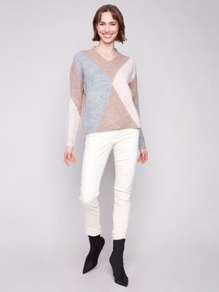 Charlie B V-Neck Argyle Jacquard Sweater