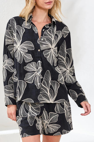 Tribal Long Sleeve Jacquard Button Blouse