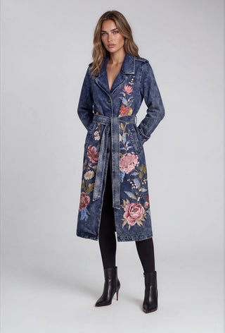 Embroidered Denim Trench Coat