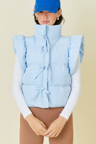 Ruffle Puffer Vest With Bow Tie Detail
