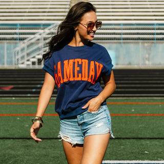 Navy & Orange Game Day Short Sleeve Sweatshirt