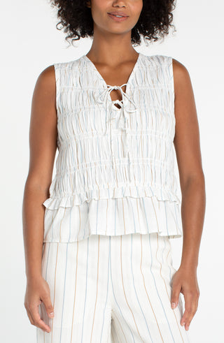 Liverpool Smocked Tie Front Woven Tank Top
