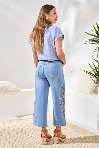 Tribal Embroidered Audrey Girlfriend Wide Leg Crop Denim Jeans-