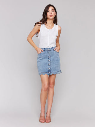 Charlie B Scalloped Hem Button-Front Denim Skort