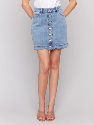 Charlie B Scalloped Hem Button-Front Denim Skort