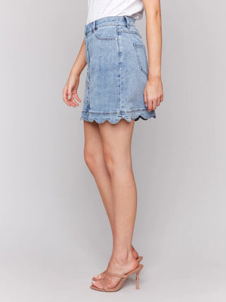 Charlie B Scalloped Hem Button-Front Denim Skort