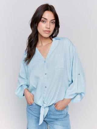 Charlie B 
Tencel Button-Front Blouse with Tie