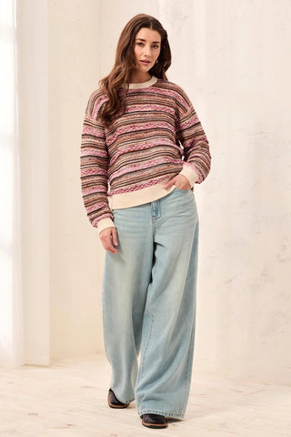 Tribal Crew Neck Sweater with Contrast Rib