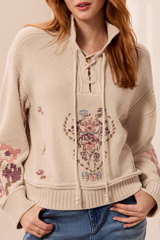 Tribal Lace Up Mock Neck Embroidered Detail Sweater