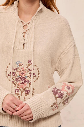 Tribal Lace Up Mock Neck Embroidered Detail Sweater
