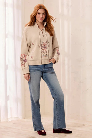 Tribal Lace Up Mock Neck Embroidered Detail Sweater