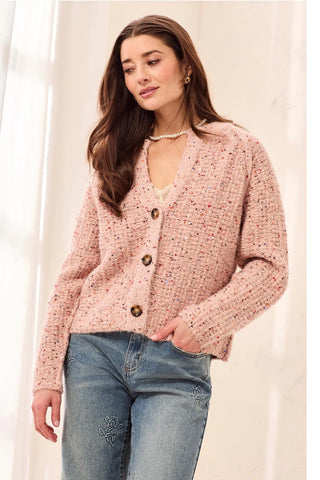 Tweed-Like Sequined Sweater Cardigan