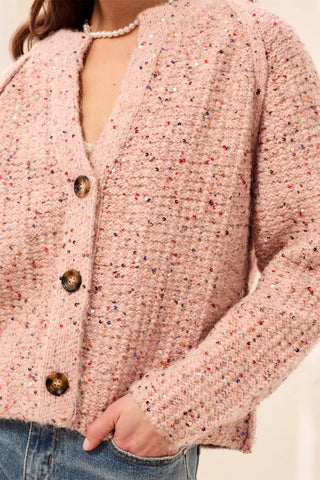 Tweed-Like Sequined Sweater Cardigan