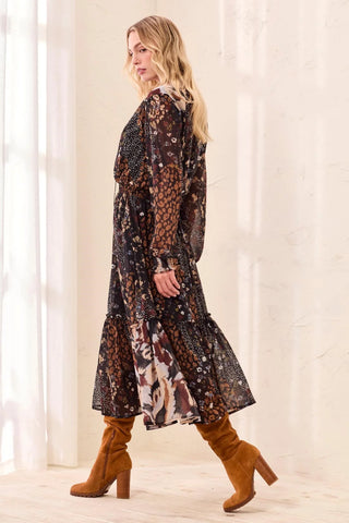 Tribal Mixed Print Drama Dress with Smocking Details