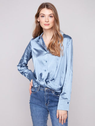 Charlie B -
Satin Button-Down Shirt With Twisted Front