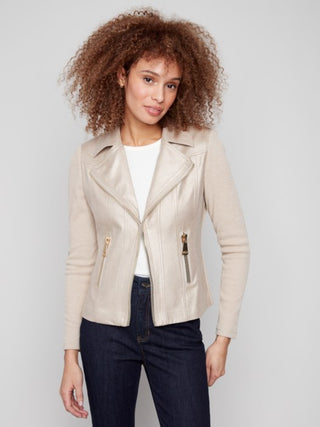 Charlie B Vintage Metallic Faux Leather / Knit Sleeve Jacket