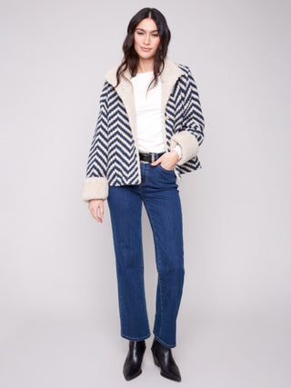 Charlie B Chevron Bouclé Short Jacket Sherpa Trim