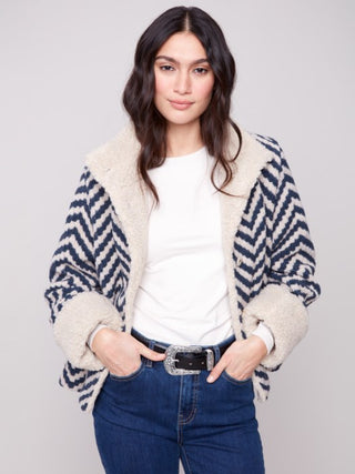Charlie B Chevron Bouclé Short Jacket Sherpa Trim