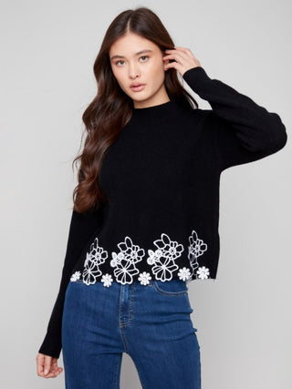 Charlie B Mock Neck Sweater With Floral Lac