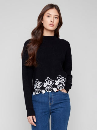 Charlie B Mock Neck Sweater With Floral Lac