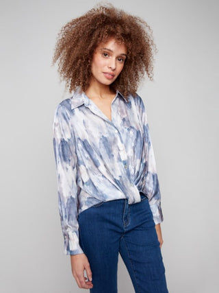 Charlie B Printed Satin Button-Down Twisted Front