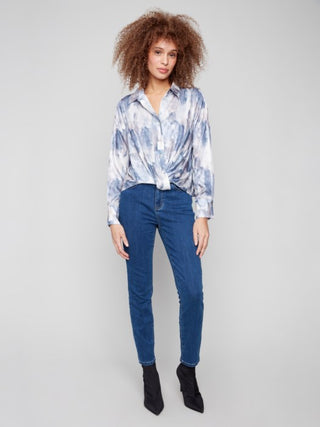 Charlie B Printed Satin Button-Down Twisted Front