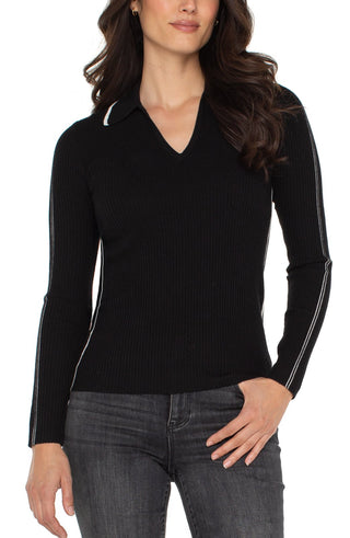 Liverpool Long Sleeve V-Neck Collared Sweater w/Stripe