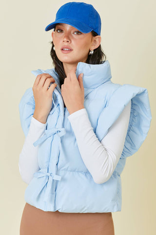 Ruffle Puffer Vest With Bow Tie Detail
