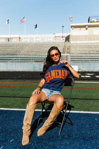 Navy & Orange Game Day Short Sleeve Sweatshirt