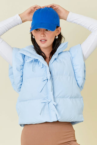Ruffle Puffer Vest With Bow Tie Detail